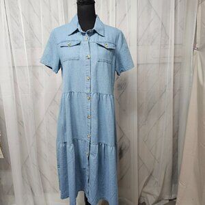 Floral Blooming Blue Chambray Tiered Button-Down Shirt Dress Size M